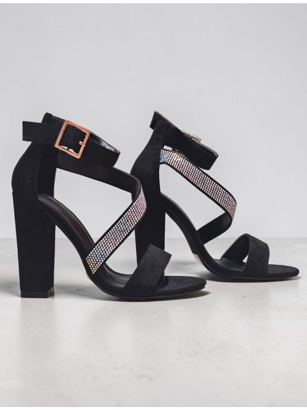 Black Block Heel Sandals With Rhinestone Straps & Adjustable Buckle - Womens Dre